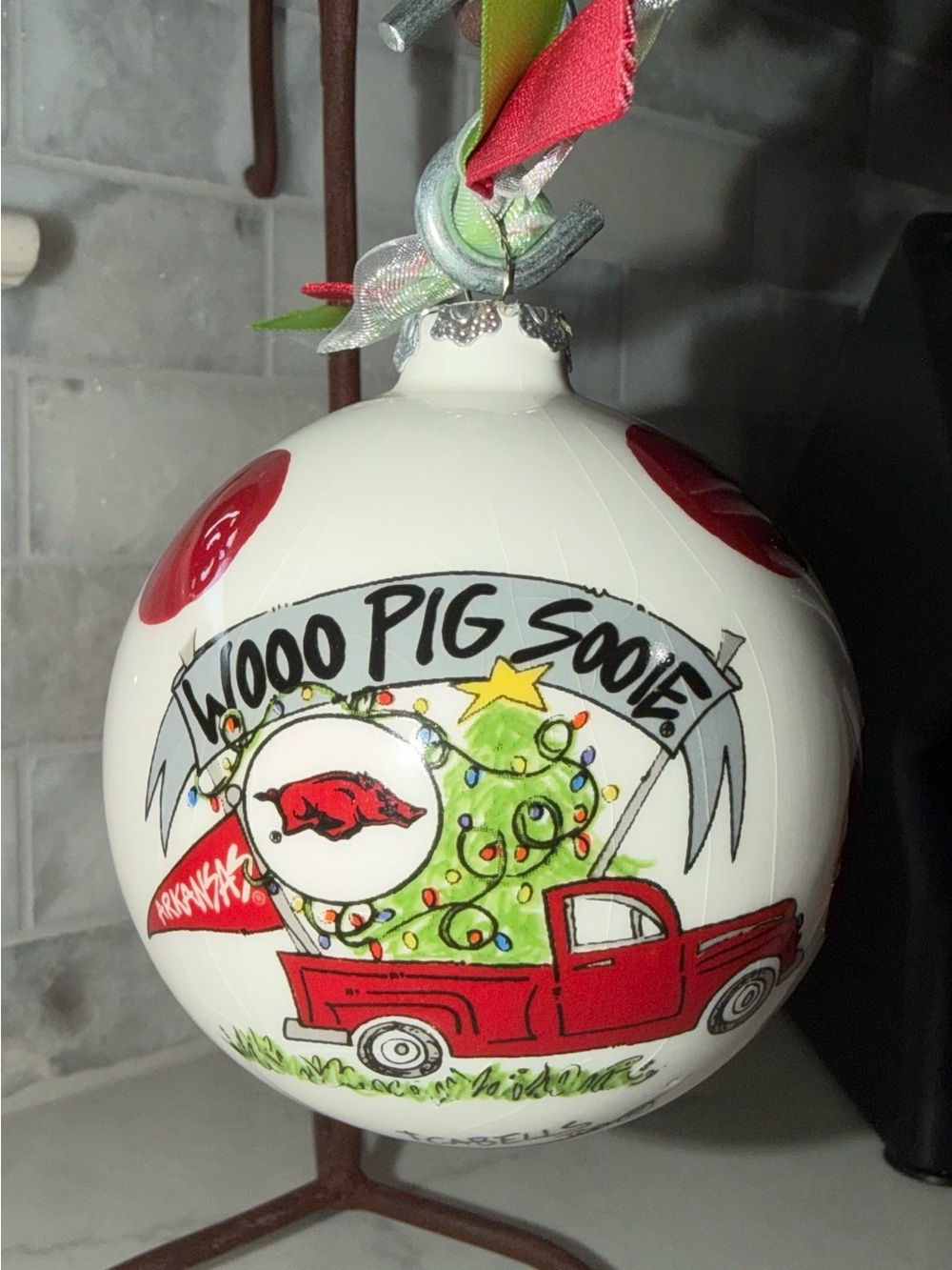 Arkansas Razorbacks White & Red 'Woo Pig Sooie' Holiday Ceramic Ornament